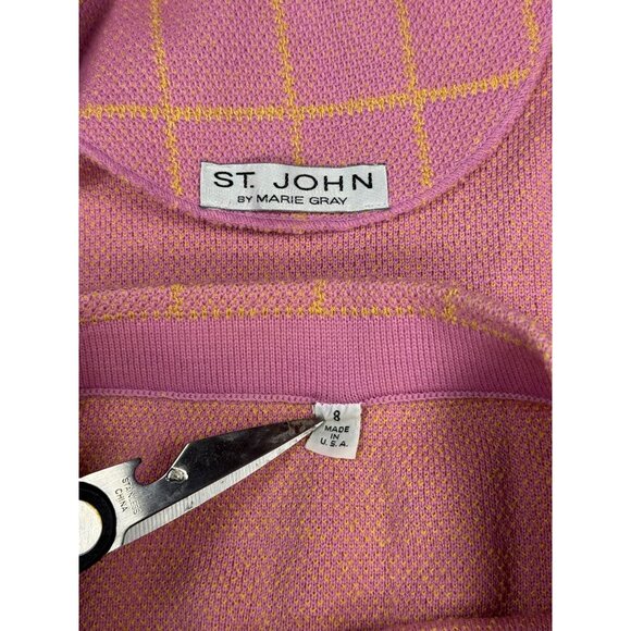 Vintage St John Santana Knit Skirt Suit Set Pink Windowpane Womens 8 USA Preppy - Picture 5 of 8